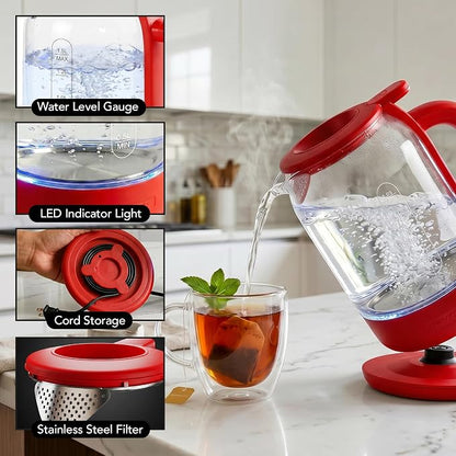 OVENTE Electric Kettle with 1.5L Borosilicate Glass, 1500W Fast Boiling Water Heater for Coffee or Tea, Easy to Fill Lid, Auto Shut-Off, Boil-Dry Protection & Stainless Steel Filter, Red KG516R