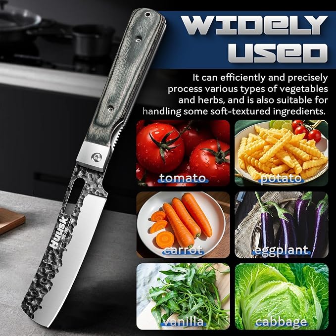 Huusk Japanese Folding Nakiri Knife - Pocket Vegetable Knife with Hand Forged Blade - Portable Kitchen Knives for BBQ, Camping and Travel - Gift for Men and Women