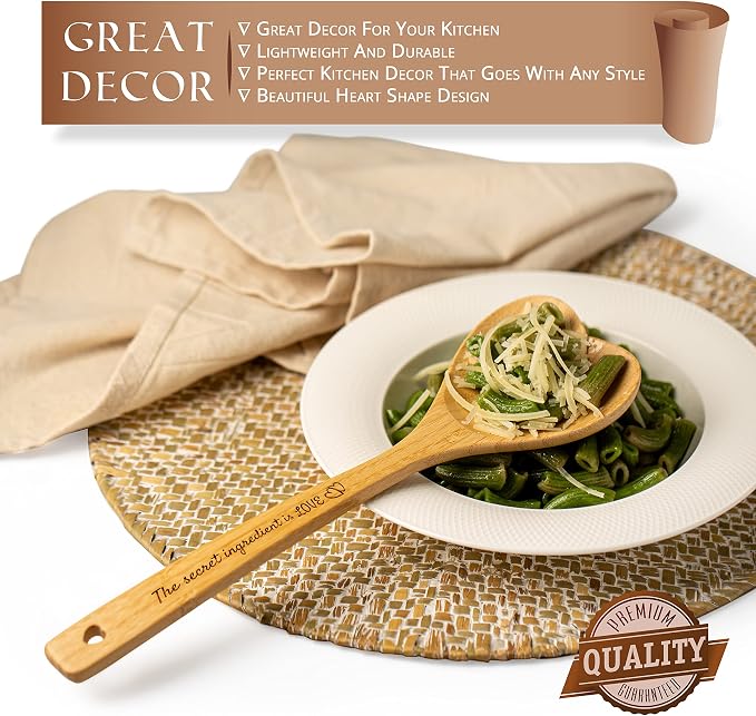 Gorgeous Heart shaped Bamboo Wooden Spoon with an engraved handle and heart-shaped base hole for hanging - 'The secret ingredient is Love' | The perfect addition to a kitchen filled with love and joy!