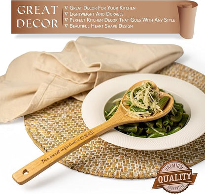 Gorgeous Heart shaped Bamboo Wooden Spoon with an engraved handle and heart-shaped base hole for hanging - 'The secret ingredient is Love' | The perfect addition to a kitchen filled with love and joy!