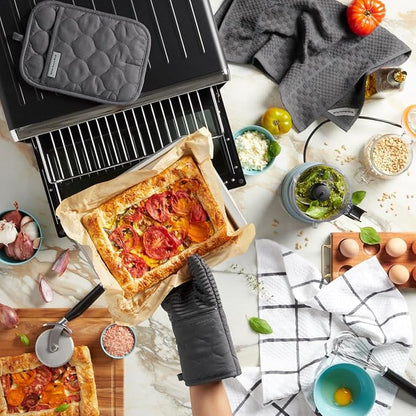 KitchenAid Quilted Cotton Terry Cloth Oven Mitt, Pot Holder, Kitchen Towel 4-Pack Set, Heat Resistant, Silicone Grip, Gift Set, Charcoal Grey, 16"x26", 7"x13" & 7"x10"
