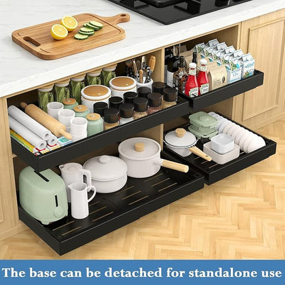 Aisslro Under Sink Organizer, 2 Tier Under the Sink Storage, Expandable Adjustable Slide Out Pull Out Under Cabinet Organizers Shelf, for Kitchen Bathroom Pantry Closet Organization, Black