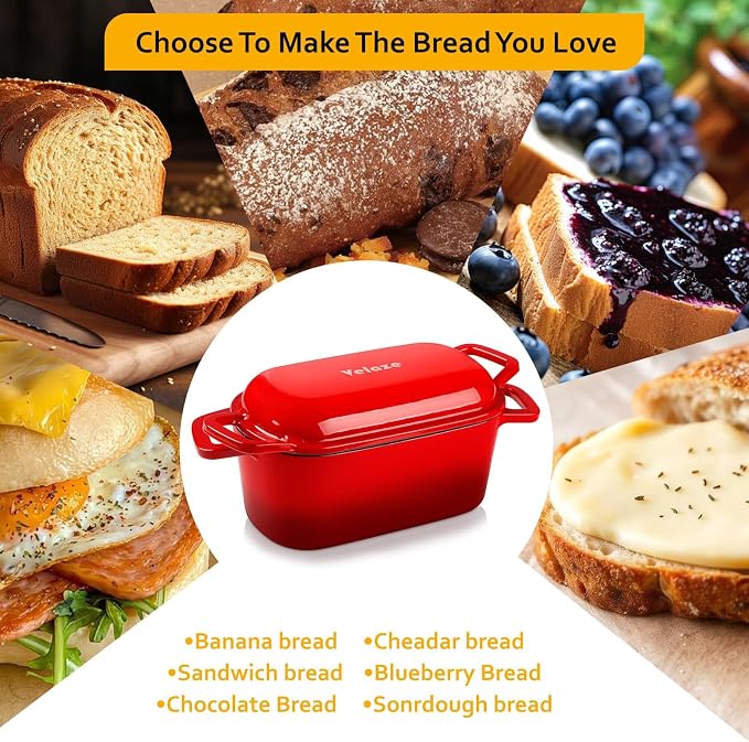 Velaze 3.6QT Dutch Oven for Bread Baking,Oval Cast Iron Enameled Bread Oven Pan with Lid and Offset Handles,Oven Safe to 500°F for Homemade Sourdough Bread(Red)