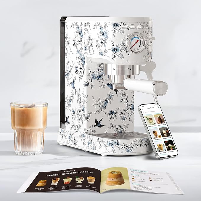 CASABREWS CM5418 Espresso Machine 20 Bar, Small Espresso Maker with Steam Milk Frother, Stainless Steel Coffee Machine with 34oz Removable Water Tank for Cappuccino, Latte Machine, Blue Willow