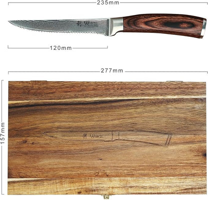 Wakoli EDIB 4-Piece Damascus Steak Knife Set, VG10 Core 67-Layer Damascus Steel Steak Knives with Pakkawood Handles, Premium Dining Cutlery Gift Box for Steak, Meat, Roasts & Poultry, Hand Wash Only