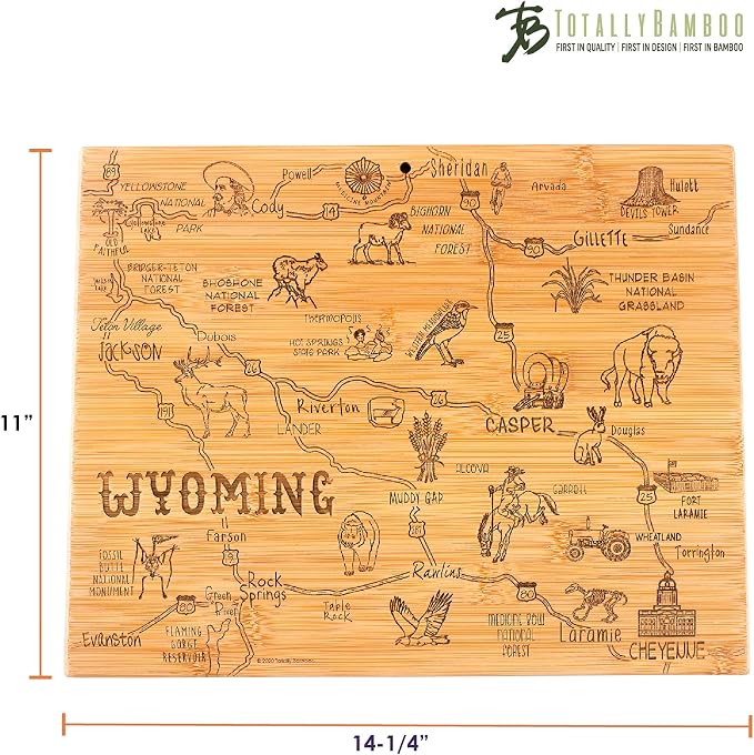 Totally Bamboo Destination Wyoming State Shaped Serving and Cutting Board, Includes Hang Tie for Wall Display