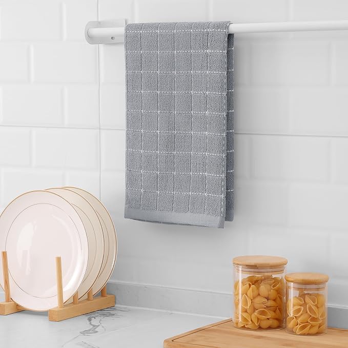 Mordimy 100% Cotton Terry Cloth Kitchen Towels, Super Soft and Absorbent Dish Towels for Drying, Checkered Designed Hand Towels for Kitchen, 13 x 28 Inches, 4 Pack, Light Grey