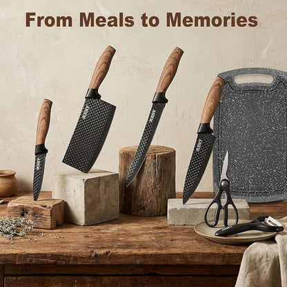 Knife Set, 7 Pieces Kitchen knife Set with Healthy Anti-Rust Coating, Stainless Steel Professional Chef Knife Sets with Elegant Box, Kitchen Knives with Scissors & Peeler & Cutting Board for Cooking