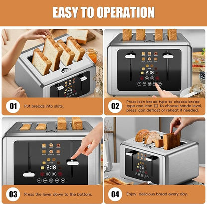 WUNLY 4 Slice Toaster,Touchscreen & Dual Independent Control Panel,5 Basic Functions & Digital Countdown Toasters,6 Shade Settings＆6 Bread Types,Smart Bread Maker Mute/Screen-Off, Stainless Steel