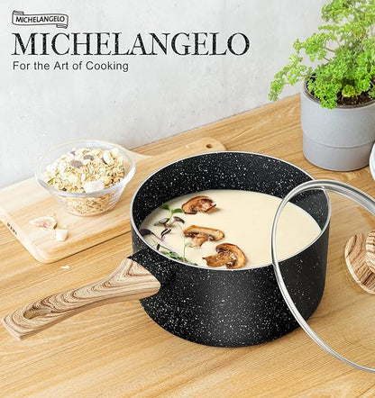 MICHELANGELO Saucepan Set, 3-Piece Nonstick Sauce Pans with Lids, 1QT, 2QT, 3QT, Black Granite Stone
