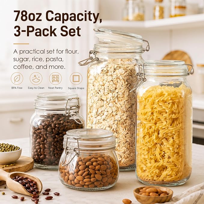 GOSCHE 78oz Glass Jars with Airtight Lids, 3 Pack Square Glass Storage Containers with Labels, Wide Mouth Borosilicate Glass Canisters, BPA-Free for Flour, Sugar, Rice, Pasta, Coffee