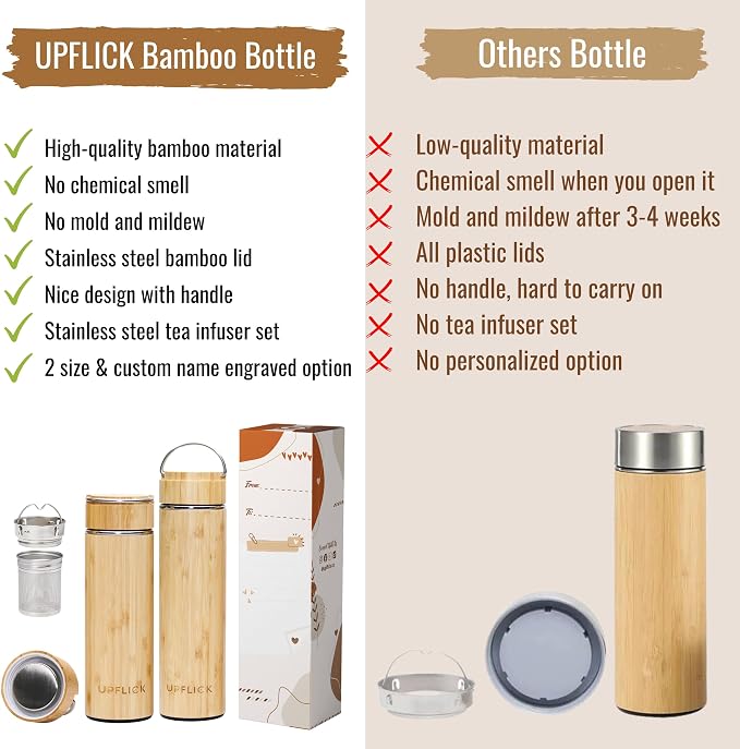 Custom Name Engraved Bamboo Water Tumbler Corporate Gift Personalized with Company Logo Wooden Insulated Travel Mug Employee Appreciation Business Gift, Tea Bottle with Infuser.