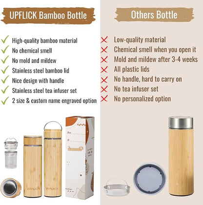 Custom Name Engraved Bamboo Water Tumbler Corporate Gift Personalized with Company Logo Wooden Insulated Travel Mug Employee Appreciation Business Gift, Tea Bottle with Infuser.