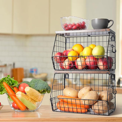 Mefirt 2pcs Fruit Basket Kitchen Storage Basket with Wood Lid, Stackable Wall Basket Fruit Basket for Kitchen, Countertop Organizer for Snack, Fruit and Veggie Storage, 11.8 x 7.9 x 8.5 Inch
