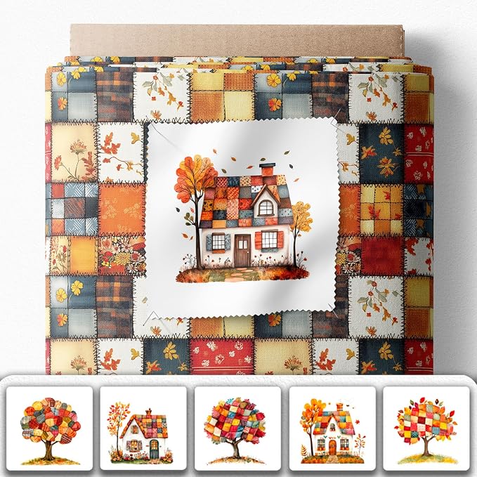 Autumn Patchwork Cottage Fabric Panel – Six 10×10 inch Designs + Bonus 29.5×19.6 inch Patchwork Sheet, 100% Turkish Cotton 140 GSM