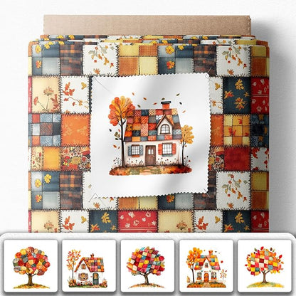 Autumn Patchwork Cottage Fabric Panel – Six 10×10 inch Designs + Bonus 29.5×19.6 inch Patchwork Sheet, 100% Turkish Cotton 140 GSM