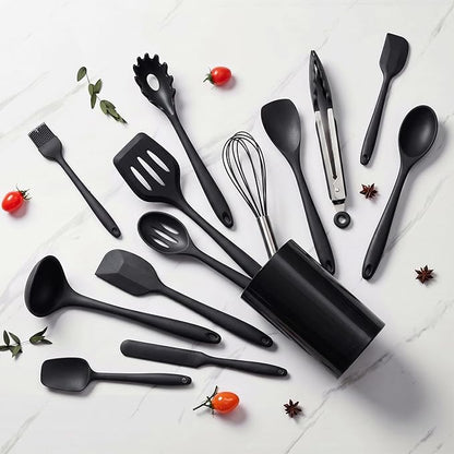 LIANYU 14 Pcs Silicone Kitchen Utensils Set with Holder, 446°F Heat Resistant Silicone Cooking Kitchen Utensils Spatula Set, Non-Stick & Dishwasher Safe Cooking Tools, Comfort Grip Handle, Black