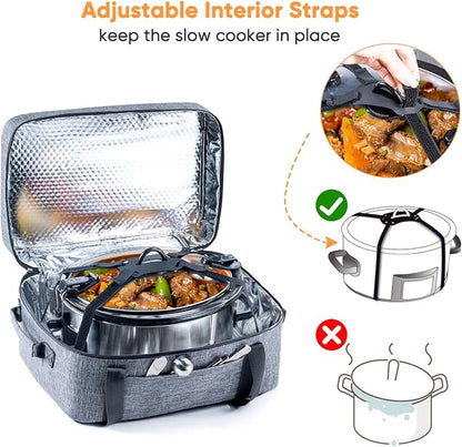 BAGSPRITE Double-Layer Slow Cooker Carrying Bag for 6-8 Quart CrockPot and Hamilton Beach Slow Cookers, Travel Bag with Lid Fastener for Crock-pot, Portable Carrier Case, Grey