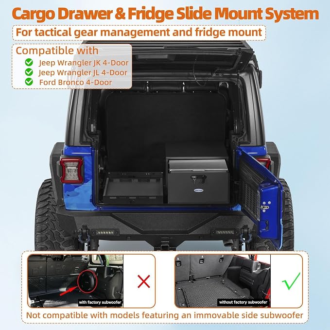 Hooke Road JK JL Bronco Trunk Storage Drawer & Fridge Slide Mount for 2007-2026 Jeep Wrangler JK JL 4-Door & 2021-2026 Ford Bronco 4-Door, Security Lock Toolbox Overland Camping Cargo Organizer