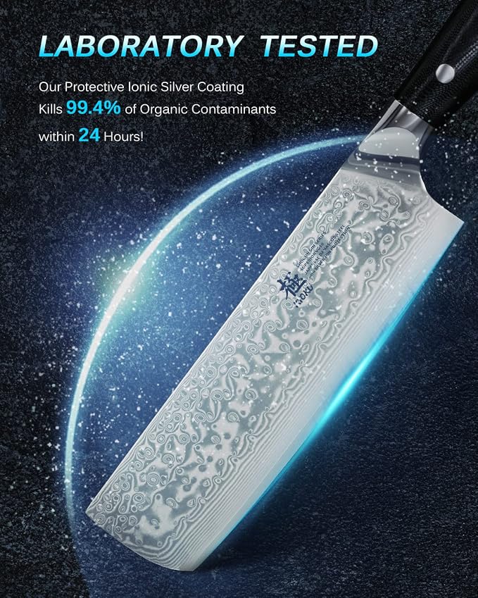 KYOKU 7" Damascus Nakiri Knife,UPGRADED Japanese Chef Knife with Silver Ion Coating,Ultra Sharp VG10 Stainless Steel Kitchen Vegetable Cutting Knives for Professional & Home Chefs Cooking Meat Cleaver