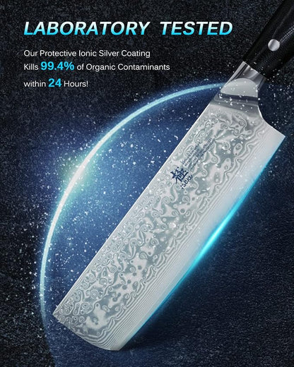 KYOKU 7" Damascus Nakiri Knife,UPGRADED Japanese Chef Knife with Silver Ion Coating,Ultra Sharp VG10 Stainless Steel Kitchen Vegetable Cutting Knives for Professional & Home Chefs Cooking Meat Cleaver