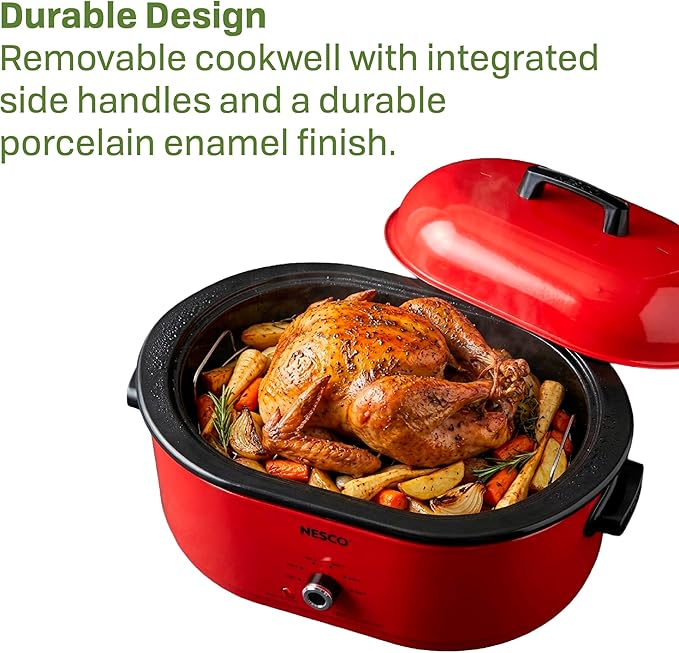 NESCO MWR18‑12 Electric Roaster Oven for Family‑Size Meals, Red 18‑Quart Countertop Roaster with Circle of Heat Heating Technology