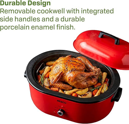 NESCO MWR18‑12 Electric Roaster Oven for Family‑Size Meals, Red 18‑Quart Countertop Roaster with Circle of Heat Heating Technology