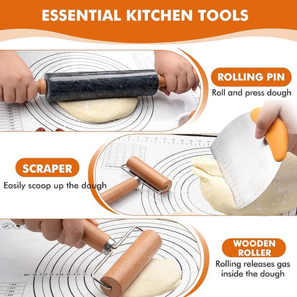 18.5 inches Marble Rolling Pin,Large Non-Stick Dough Roller,for making pizza, cookies,pie crusts, and pasta.with Silicone Pastry Mat,Stainless Steel Scraper,and Small Wooden Roller Pin(Black)