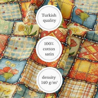 Sunny Garden Patchwork Cotton Fabric Panel 61 x 36.6 Inches, Floral Rustic Quilt Print, Multicolor Yellow Blue Red Tones, 100% Cotton 140 GSM