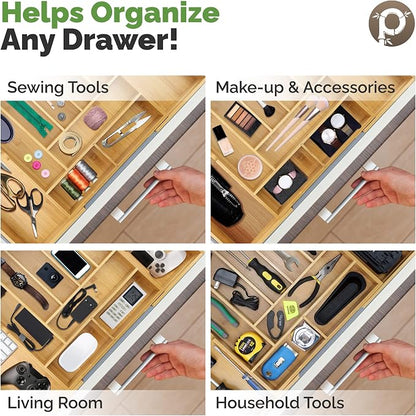 Pristine Bamboo Silverware Organizer - Expandable Kitchen Drawer Organizer - Adjustable Kitchen Drawer Organizer for Utensils, Expandable to 22 Inches Wide, 10 Compartments, Silverware Tray for Drawer