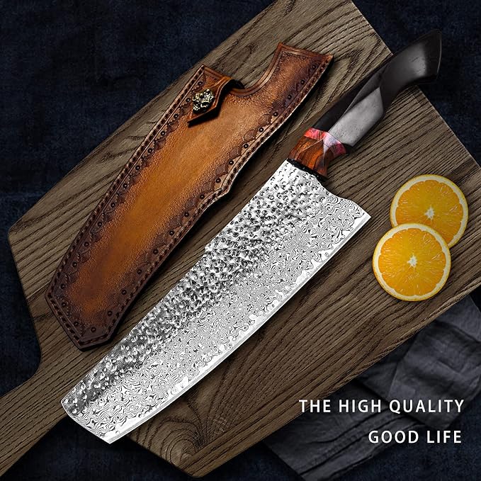 7.9in nakiri chef knife,handmade damascus steel blade ebony handle,japanese style kitchen vegetable knife with leather sheath,cutting cooking knives for kitchen