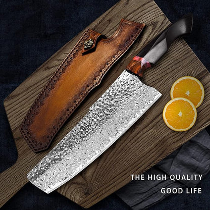 7.9in nakiri chef knife,handmade damascus steel blade ebony handle,japanese style kitchen vegetable knife with leather sheath,cutting cooking knives for kitchen