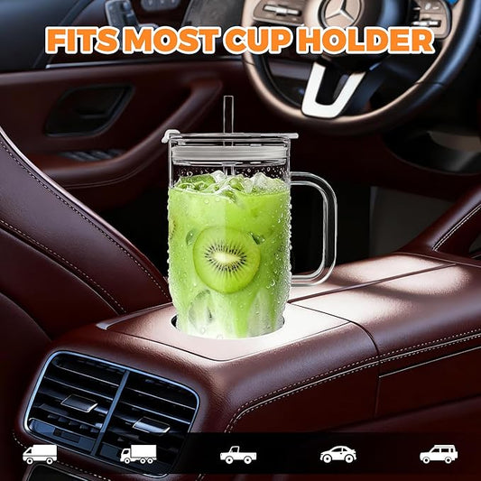 Birity 40OZ Borosilicate Glass Tumbler with Handle,Glass Cup with Lid and Straw-Reusable Iced Coffee Cup with Lid for Boba, Smoothies,Beer,Juice|Suitable for Gifts,Travel,Outdoor,Partys&Home