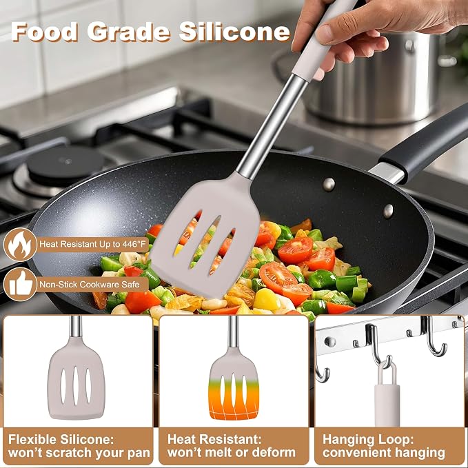 LIANYU Cooking Utensils Set of 6, Silicone Kitchen Utensils Set for Nonstick Cookware, Heat Resistant Kitchen Gadgets Tools, Includes Spatulas, Spoons, Tongs, Stainless Steel Handle, Khaki