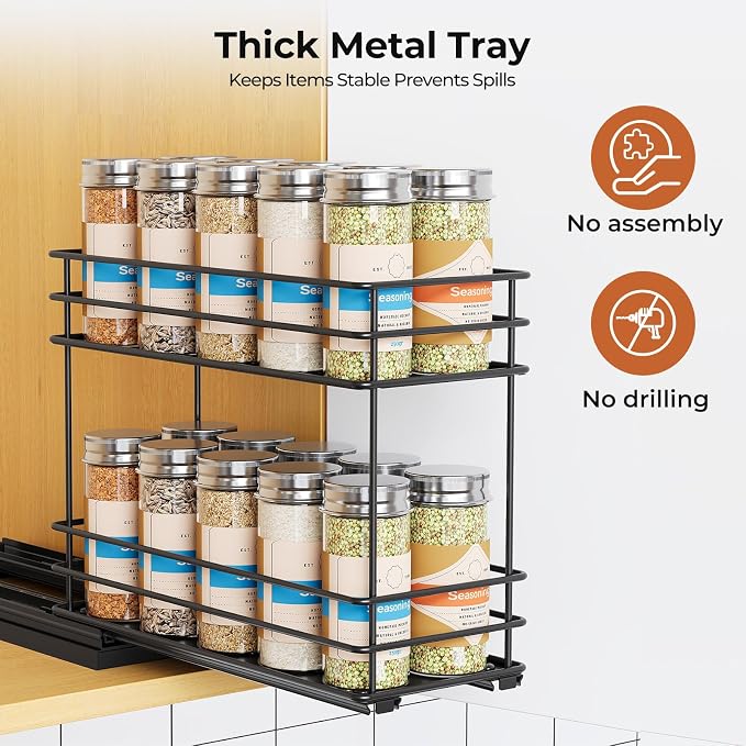 Mystozer Pull Out Spice Rack Organizer for Cabinet, Slide Out Spice Racks, Easy to Install, 4.33" Wx10.43 Dx8.66 H, 1 Drawer 2 Tiers(Black)