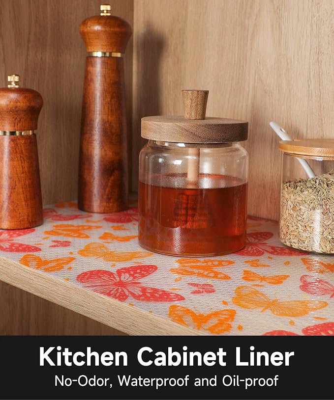 Shelf Liner for Kitchen Cabinets - Non-Adhesive Waterproof and Oil-Proof Drawer Liner, Reusable Protector for Dresser, Wire Shelf, Cupboards(Red Butterfly, 11.8" W x 360" L)