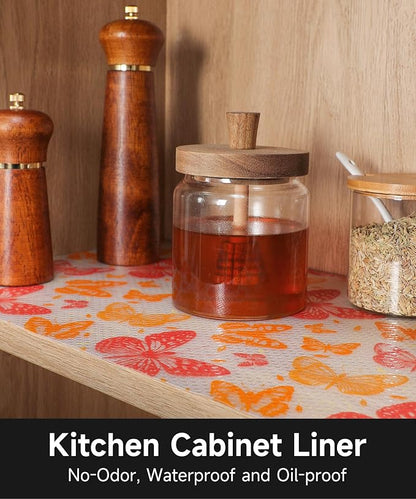 Drawer Liner Shelf Liners for Kitchen Cabinets Non Adhesive - Oil-Resistant Waterproof Sturdy and Resilient Kitchen Cabinet Liners for Shelves, Tool Box, Refrigerator(Red Butterfly, 17.7" W x 360" L)