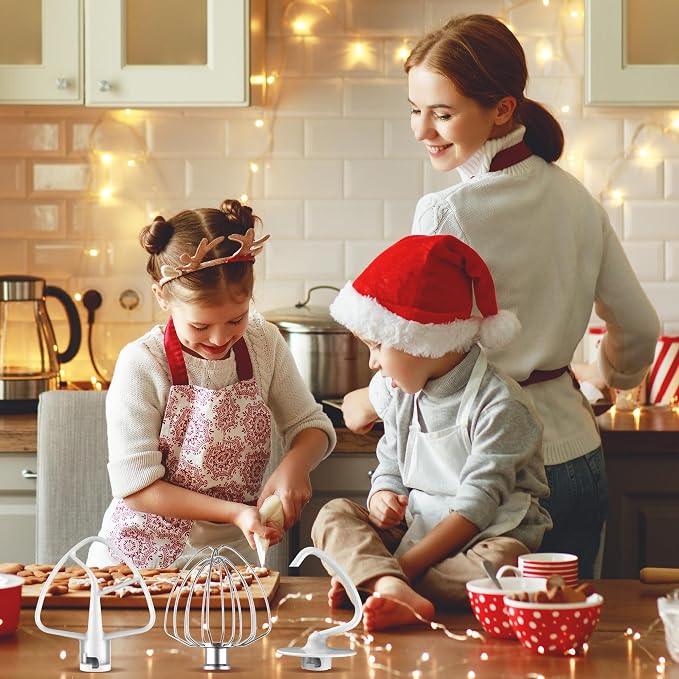 3-Piece Mixer Attachment Kit for KitchenAid 4.5/5 QT Tilt-Head Mixers, Stainless Steel K45WW Wire Whip, K45DH Dough Hook & K45B Coated Flat Beater, Baking Essentials Set, Dishwasher Safe