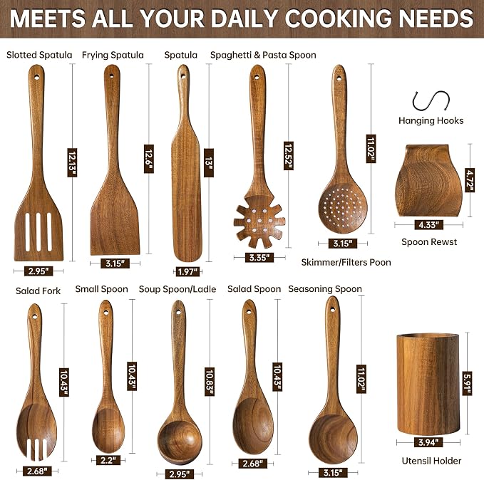 Wooden Utensil Set 12 PCS - Natural Non-Toxic Acacia Wooden Spoons for Cooking, Nonstick, Sturdy, Easy to Clean, Wood Kitchen Utensils Set with Holder, Spoon Rest & 6 Hooks, Ideal for Gifting
