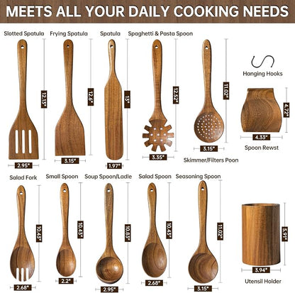 Wooden Utensil Set 12 PCS - Natural Non-Toxic Acacia Wooden Spoons for Cooking, Nonstick, Sturdy, Easy to Clean, Wood Kitchen Utensils Set with Holder, Spoon Rest & 6 Hooks, Ideal for Gifting