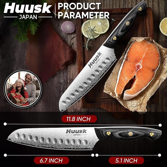 Huusk Damascus Santoku Knife 7 inch, Japanese Knives with Sharp Edge and Wooden Handle Hand Forged Chef Knives for Home Use, Meat Vegetables Fish Knives, Christmas Gift for Men and Women