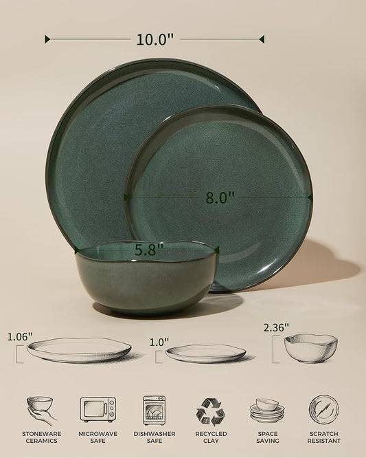 Pokini Ceramic Plates and Bowls Set, Everyday Dinnerware Set for 4, Wavy Rim Kitchen Dish Set, Chip Resistant Dishware Sets, Dishwasher Safe Dinner Set, Designed for Simple Meals, Forest Green