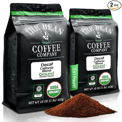 The Bean Organic Coffee Company Water Processed DECAF California Blend, Medium Roast, Ground Coffee, 16-Ounce Bags (Pack of 2), Café Molido Tostado Orgánico descafeinado