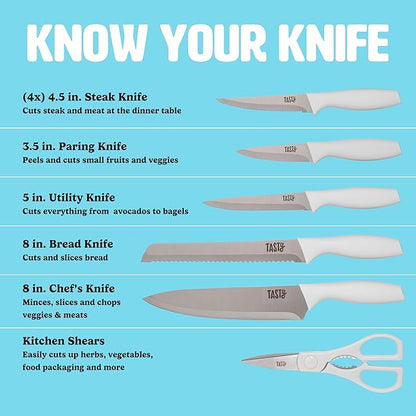 Tasty Kitchen Knife Set with Block, Cutlery Set includes Chef, Bread, Utility, Paring, Steak Knives & Shears, 10-Piece, White
