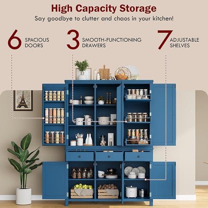 74.8''H High Freestanding Kitchen Pantry, Wooden Kitchen Organizers Cupboard Storage Cabinet with Door Shelves, Adjustable Shelves, Pull-out Trays and Drawers for Dining Room Living Room (Blue-2.12)
