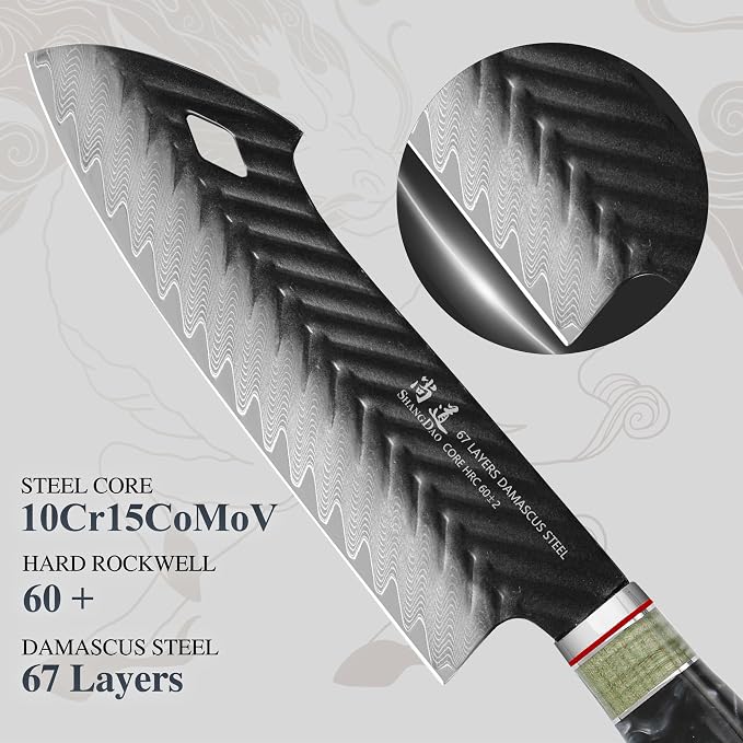 SHANGDAO Damascus Santoku Knife 7.5 Inch, 67 Layers Alloy Steel, With Professional Hand Forged Resin & Wood Handle QILIN Series