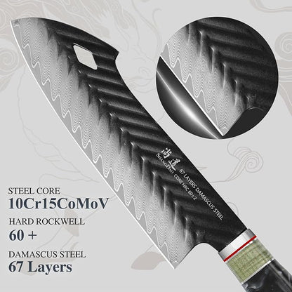 SHANGDAO Damascus Santoku Knife 7.5 Inch, 67 Layers Alloy Steel, With Professional Hand Forged Resin & Wood Handle QILIN Series