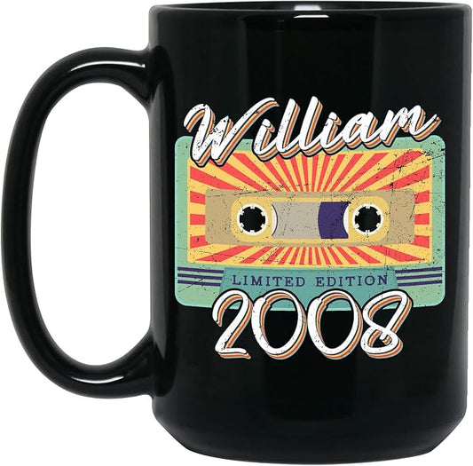 Personalized Vintage Cassette Tape Vintage 2008 Mug, Custom Your Name, 2008 Retro Coffee Mug, 14th Birthday Present Gifts, 2008 Birthday Gift For Friends Family, Customizable Black Tea Cups