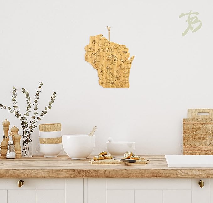 Totally Bamboo Destination Wisconsin State Shaped Serving and Cutting Board, Includes Hang Tie for Wall Display