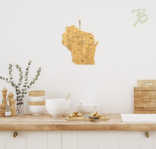 Totally Bamboo Destination Wisconsin State Shaped Serving and Cutting Board, Includes Hang Tie for Wall Display